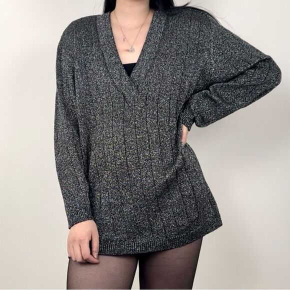 Vintage Grey Sparkly Wool Blend V Neck Long Sweater - Picture 1 of 8